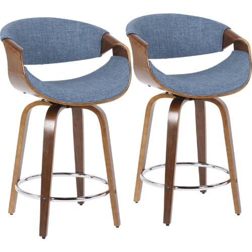 Curvini 24" Swivel Counter Stool in Walnut Wood & Blue Fabric (Set of 2)